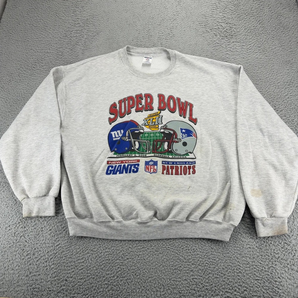 Super Bowl XLII Sweatshirt Mens 2XL Giants Patriots 2008 NFL Jerzees Gray